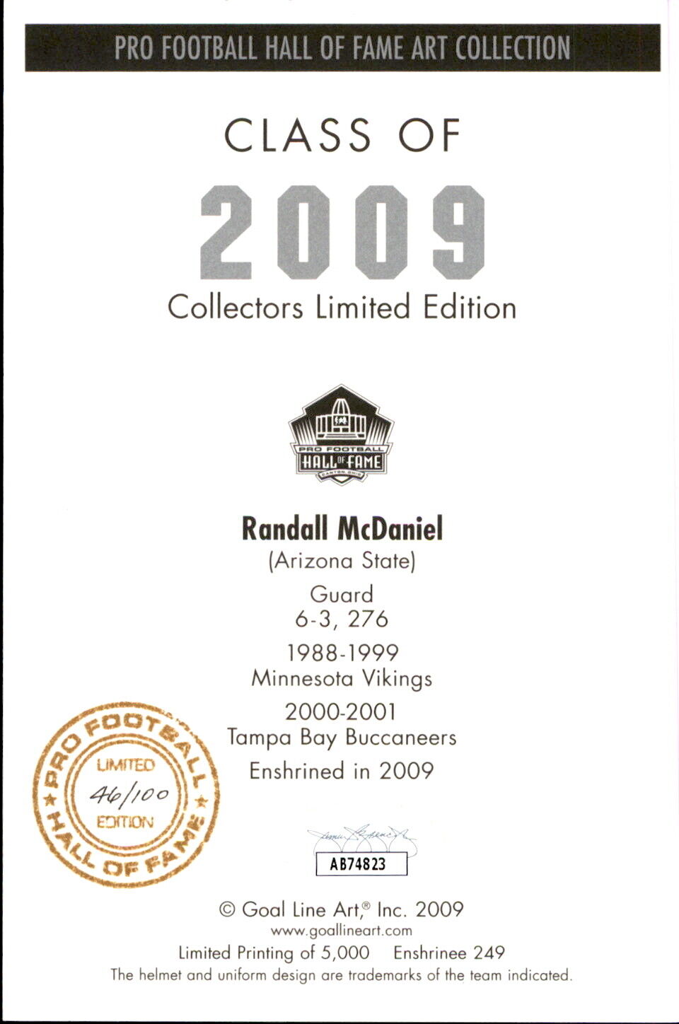 Randall McDaniel HOF Autographed Goal Line Art GLAC Postcard Vikings JSA