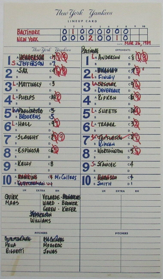 1989 New York Yankees Spring Training 9x15 Lineup Card vs.Orioles 151333