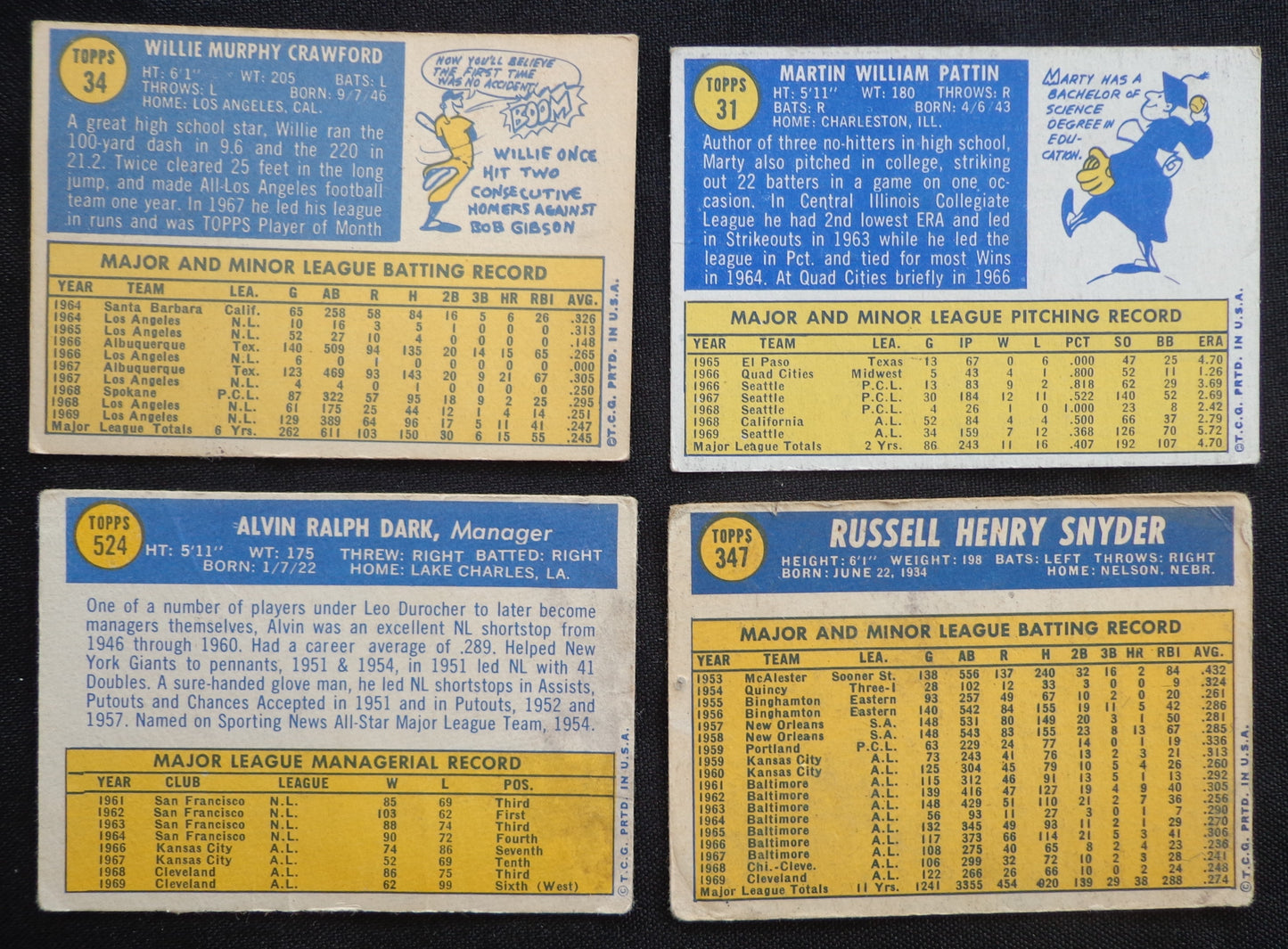 Lot of (4) 1970 TOPPS Baseball Cards Crawford/Martin Pattin/Al Dark/Russ Snyder