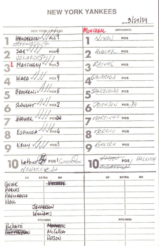 1989 New York Yankees Spring Training 5.5x8.5 Lineup Card vs Expos 151546