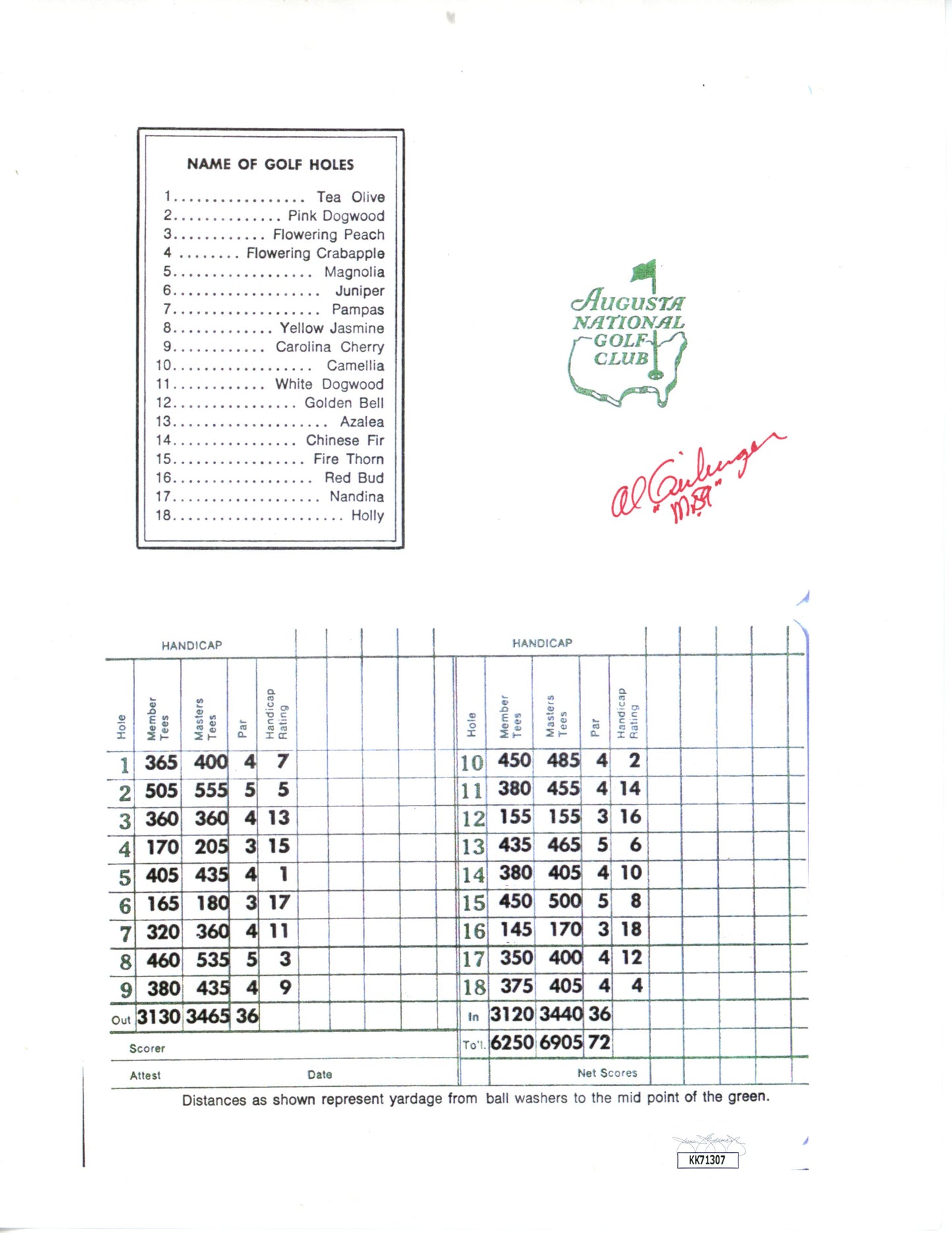 Al Geiberger Signed Copy of Augusta National Golf Club Score Card PGA Champ JSA