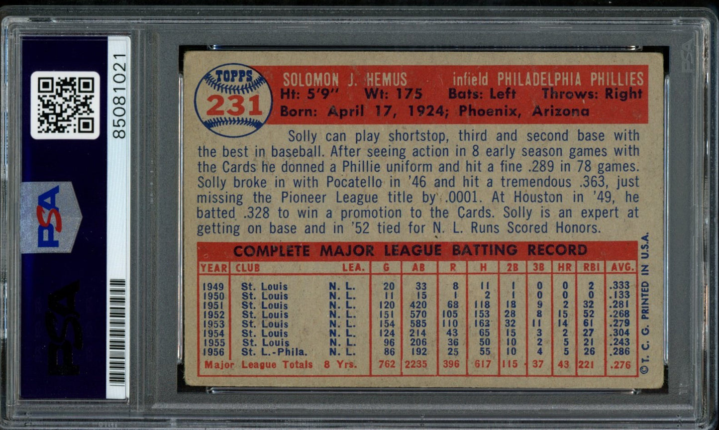 Solly Hemus Signed 1957 Topps Card #231 Philadelphia Phillies PSA/DNA 184193