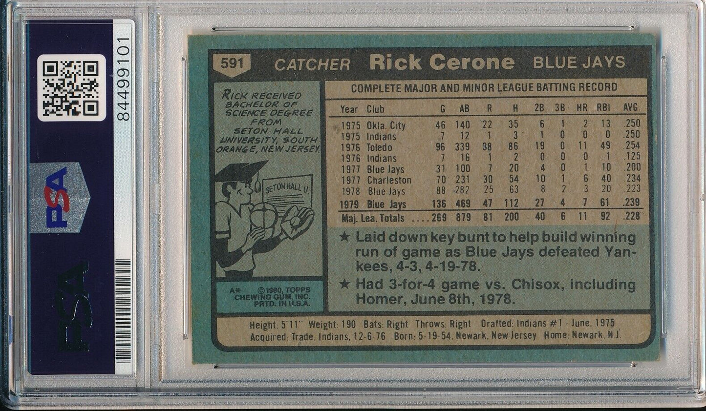 Rick Cerone Toronto Blue Jays Signed/Auto 1980 TOPPS Card #591 PSA/DNA 166106