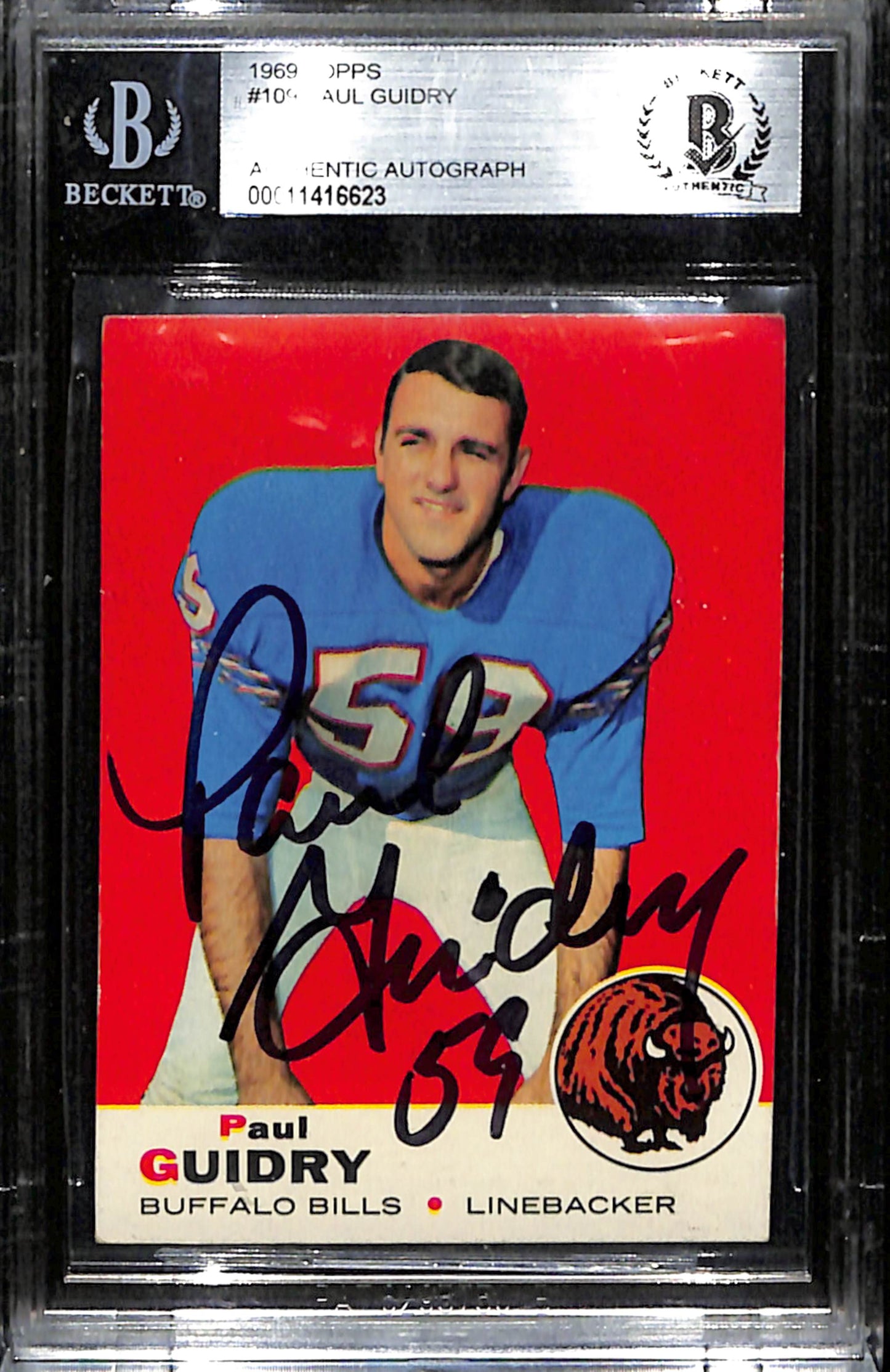 Paul Guidry Signed 1969 Topps Card #109 Buffalo Bills BAS/Beckett 185997