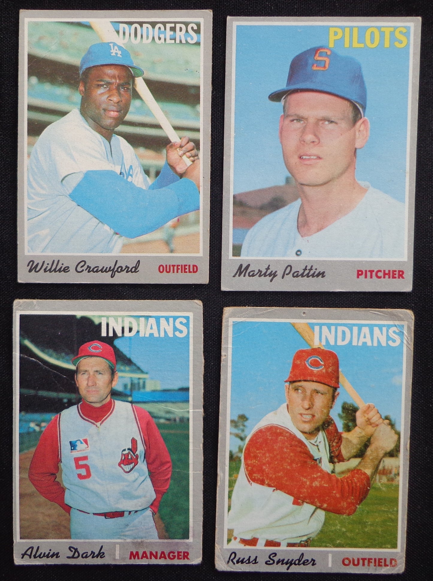 Lot of (4) 1970 TOPPS Baseball Cards Crawford/Martin Pattin/Al Dark/Russ Snyder