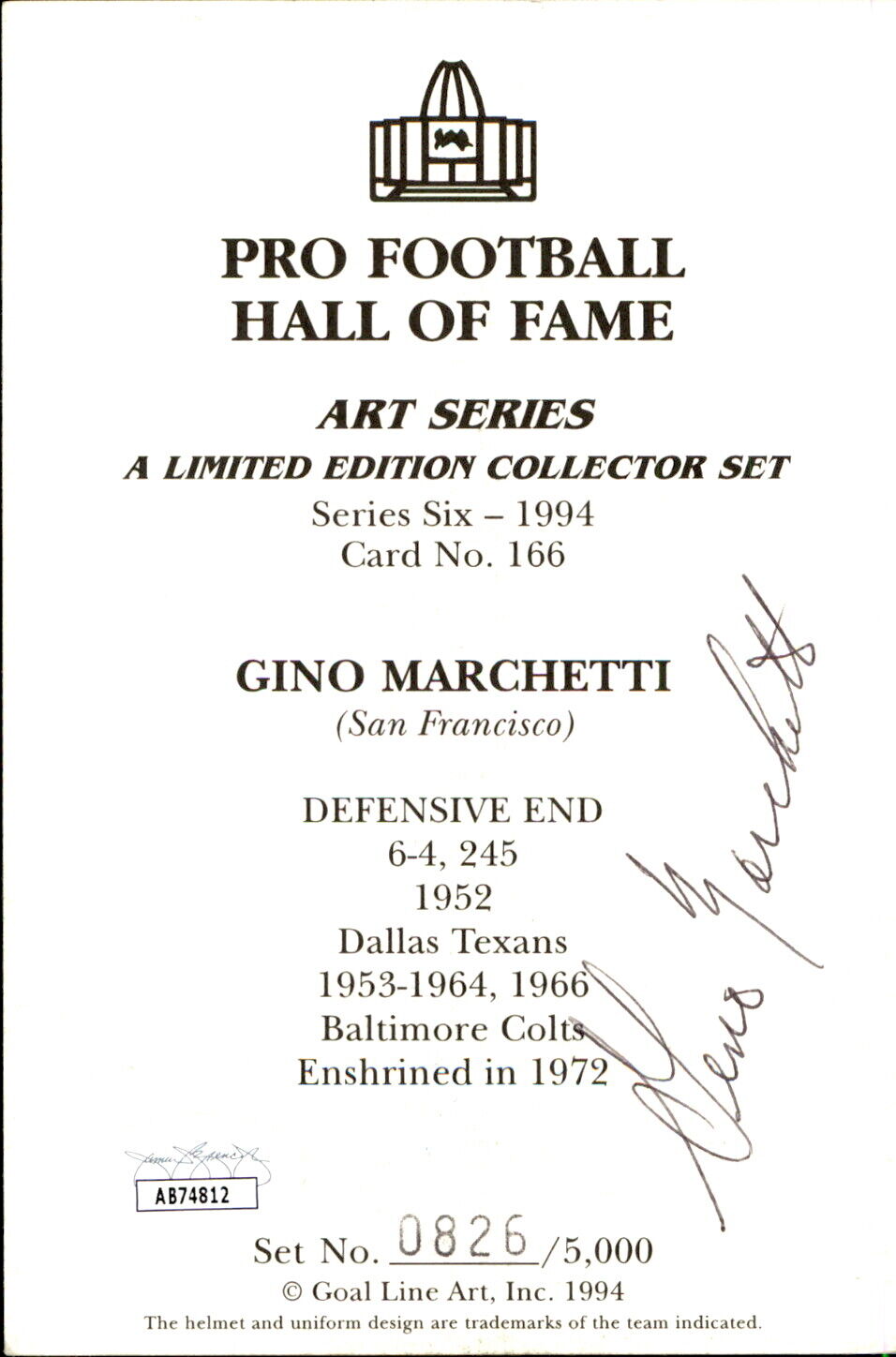 Gino Marchetti HOF Autographed Goal Line Art GLAC Postcard Baltimore Colts JSA