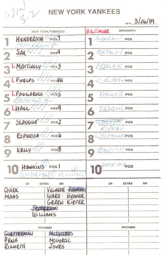 1989 New York Yankees Spring Training 5.5x8.5 Lineup Card vs.Orioles 151548