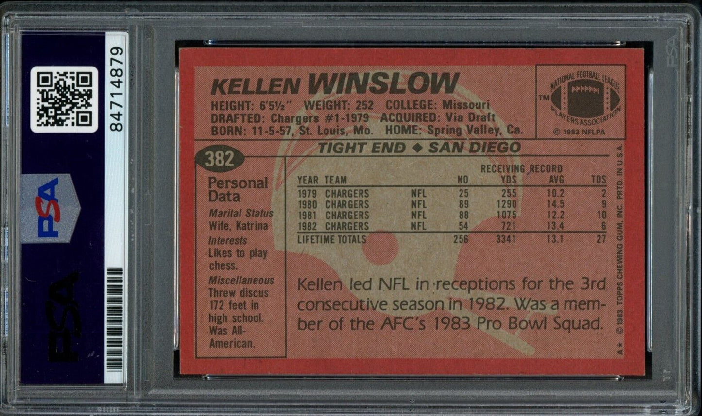 1983 TOPPS Kellen Winslow HOF #382 Authentic Card Signed Chargers PSA/DNA 176691