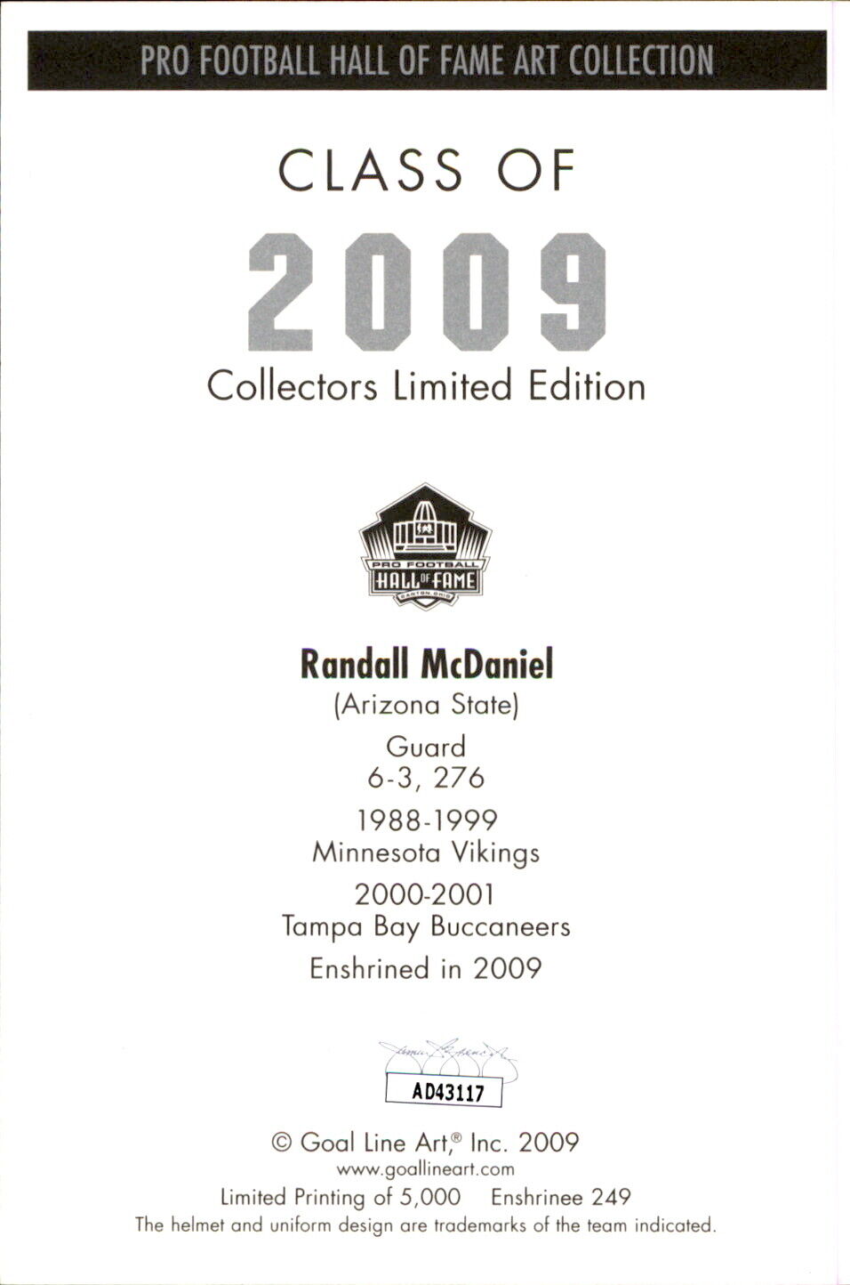 Randall McDaniel HOF Autographed Goal Line Art GLAC Postcard Vikings JSA