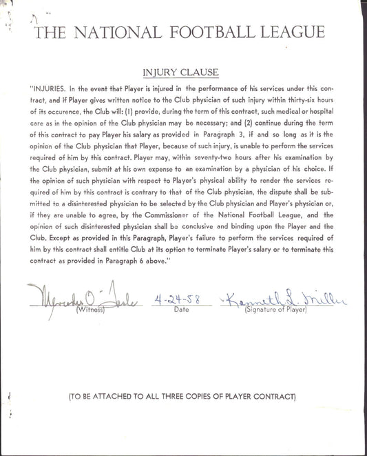 Kenneth Miller Autographed 1958 NFL Injury Clause Letter