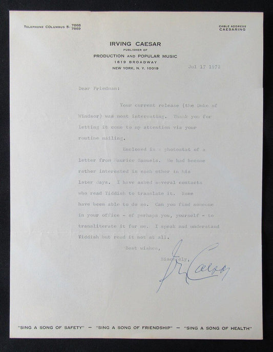 Irving Caesar Lyricist Autographed 1972 TLS Typed Letter Signed PSA/DNA 177046