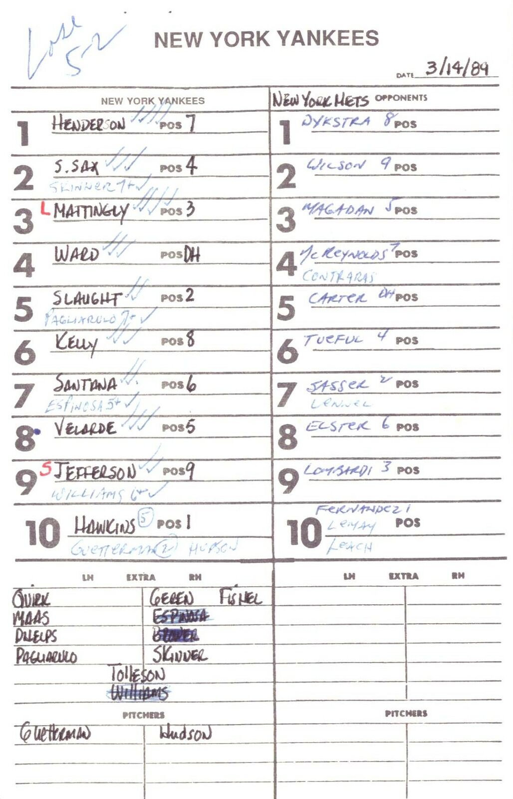 1989 New York Yankees Spring Training 5.5x8.5  Lineup Card vs. Mets 151532