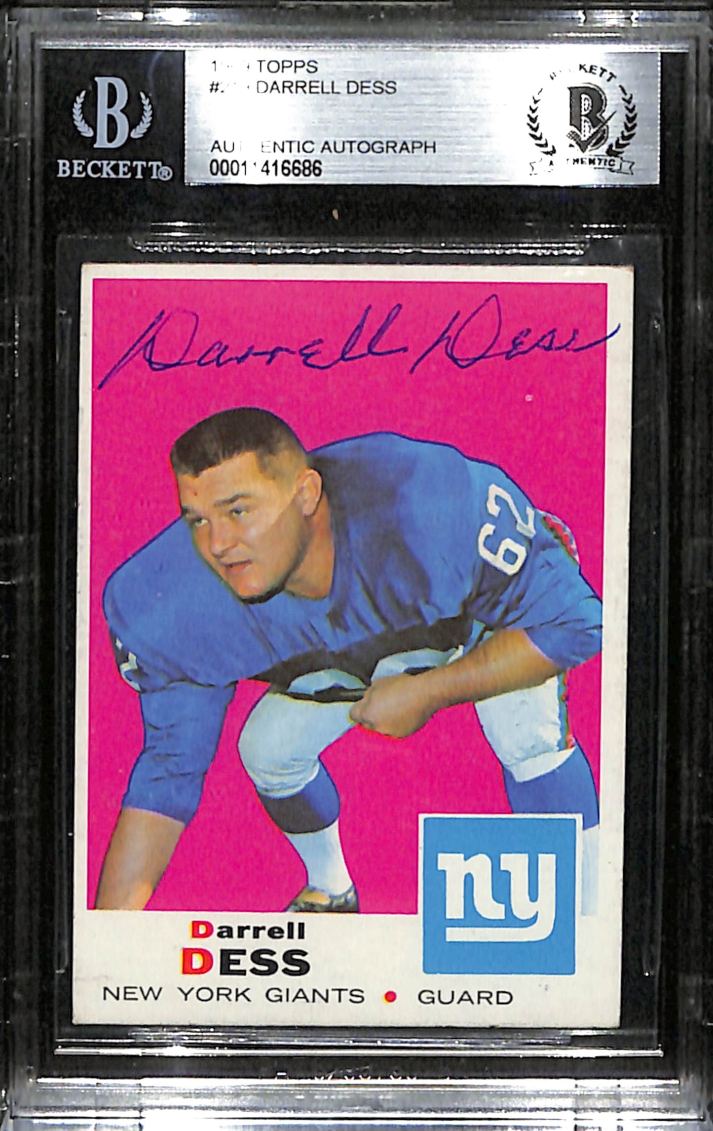 Darrell Dess Signed 1969 Topps Card #219 New York Giants BAS/Beckett 184902