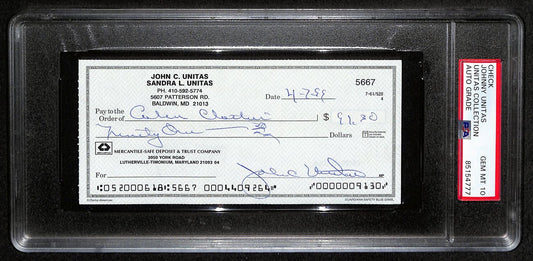 Johnny Unitas HOF Signed/Auto 1999 Bank Check Colts PSA/DNA GEM MT 10 189586