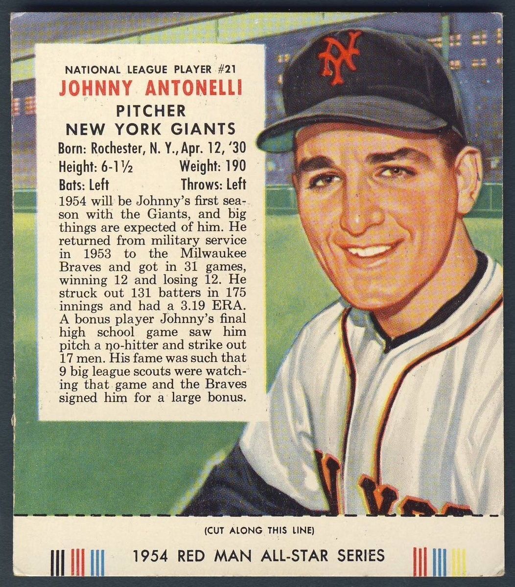 1954 RED MAN WITH TAB JOHNNY ANTONELLI New York Giants #21 EX 128260