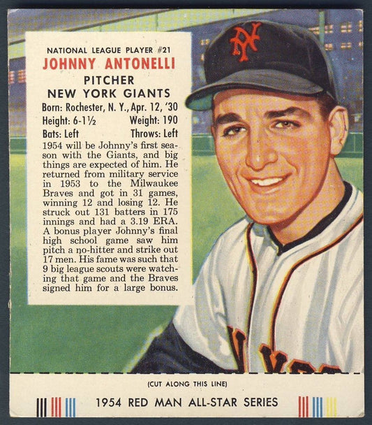 1954 RED MAN WITH TAB JOHNNY ANTONELLI New York Giants #21 EX 128260