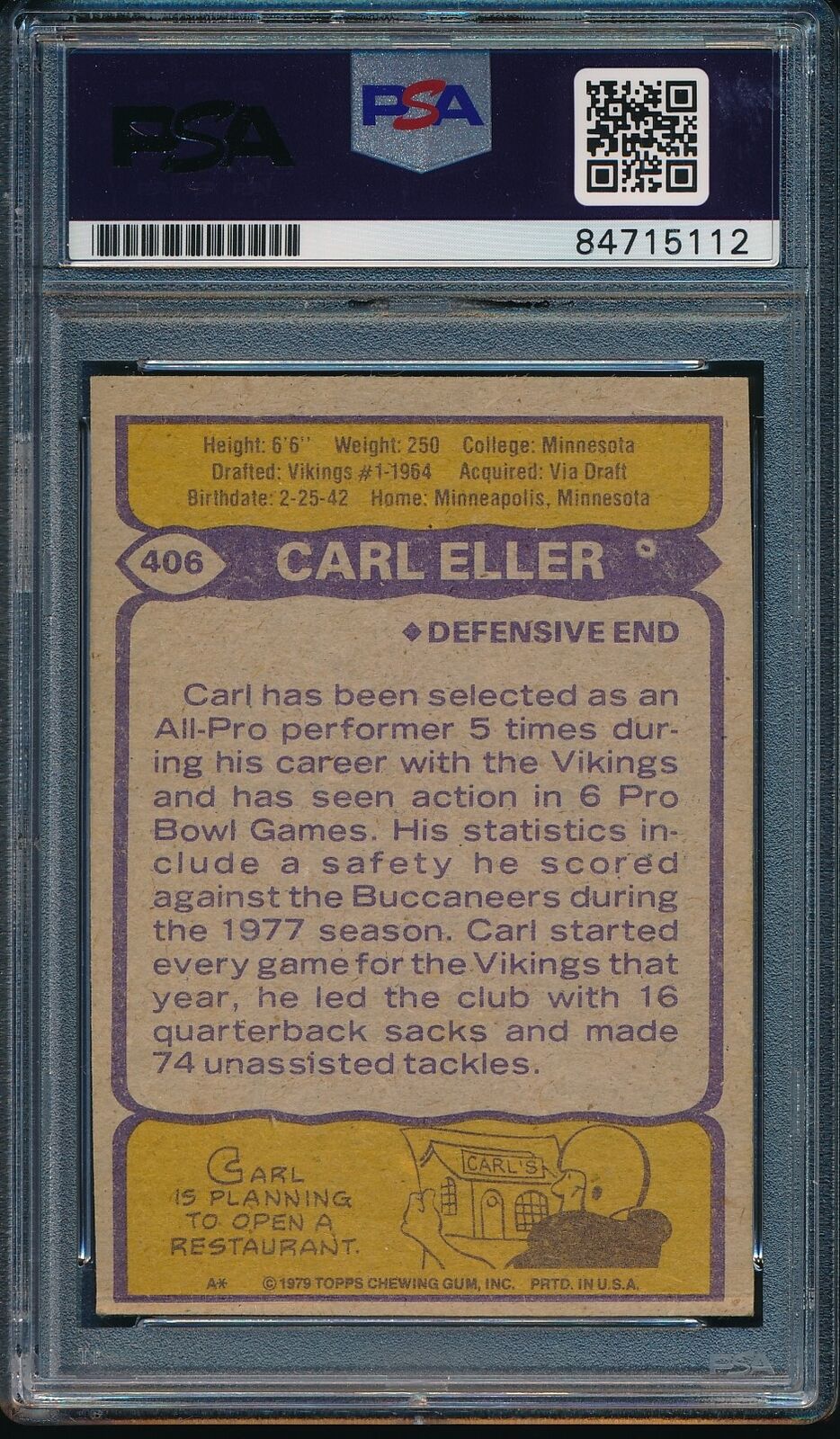 1979 TOPPS Carl Eller HOF #406 Card Signed Minnesota Vikings PSA/DNA 176368