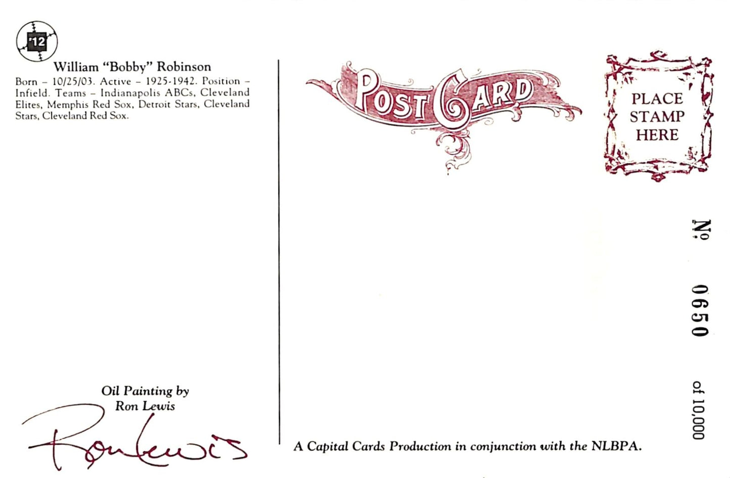 William "Bobby" Robinson Signed Negro League - ABC's Ron Lewis Post Card 181224