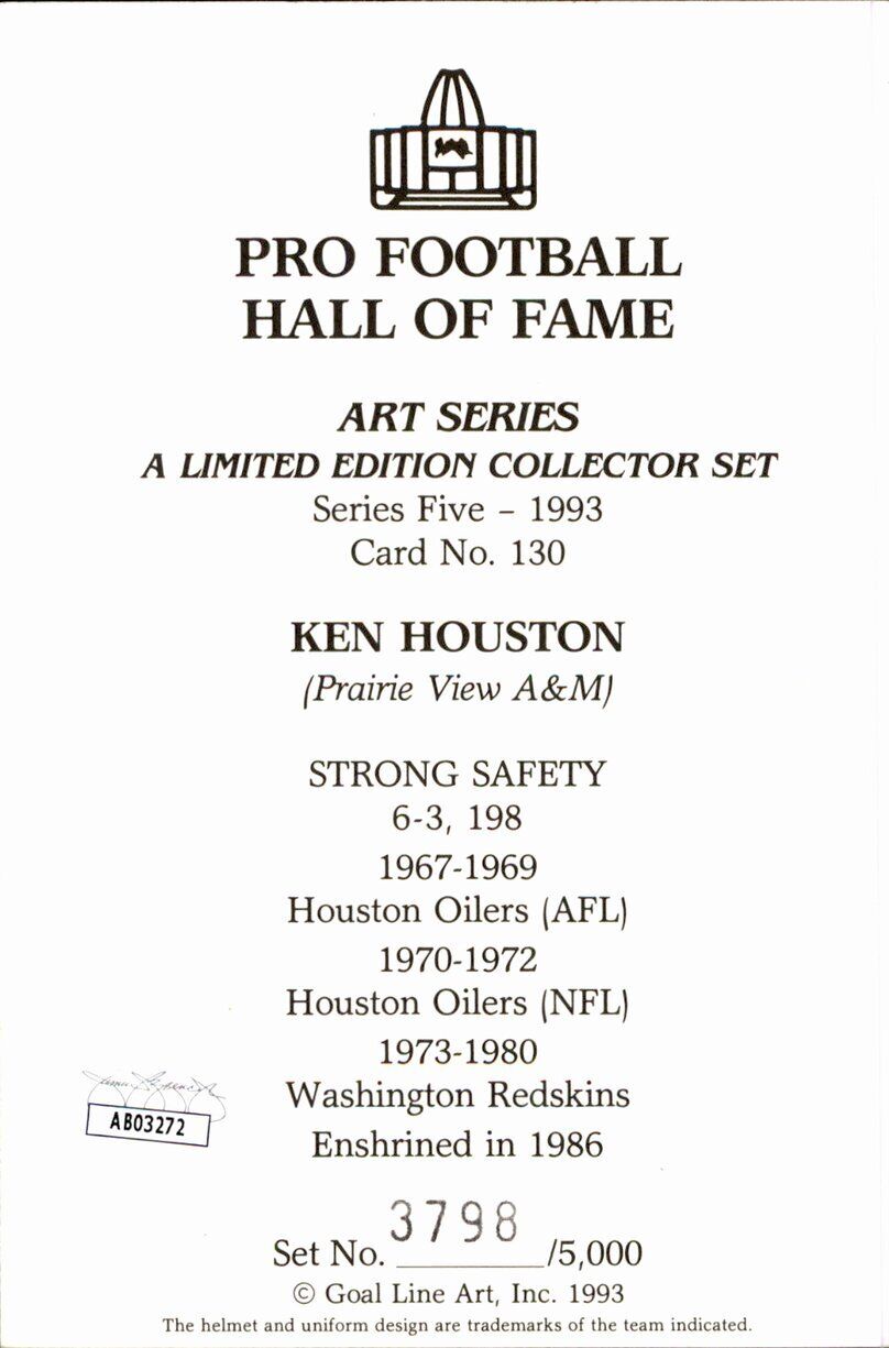 Ken Houston HOF Redskins Signed/Inscr Goal Line Art GLAC Postcard JSA 167162