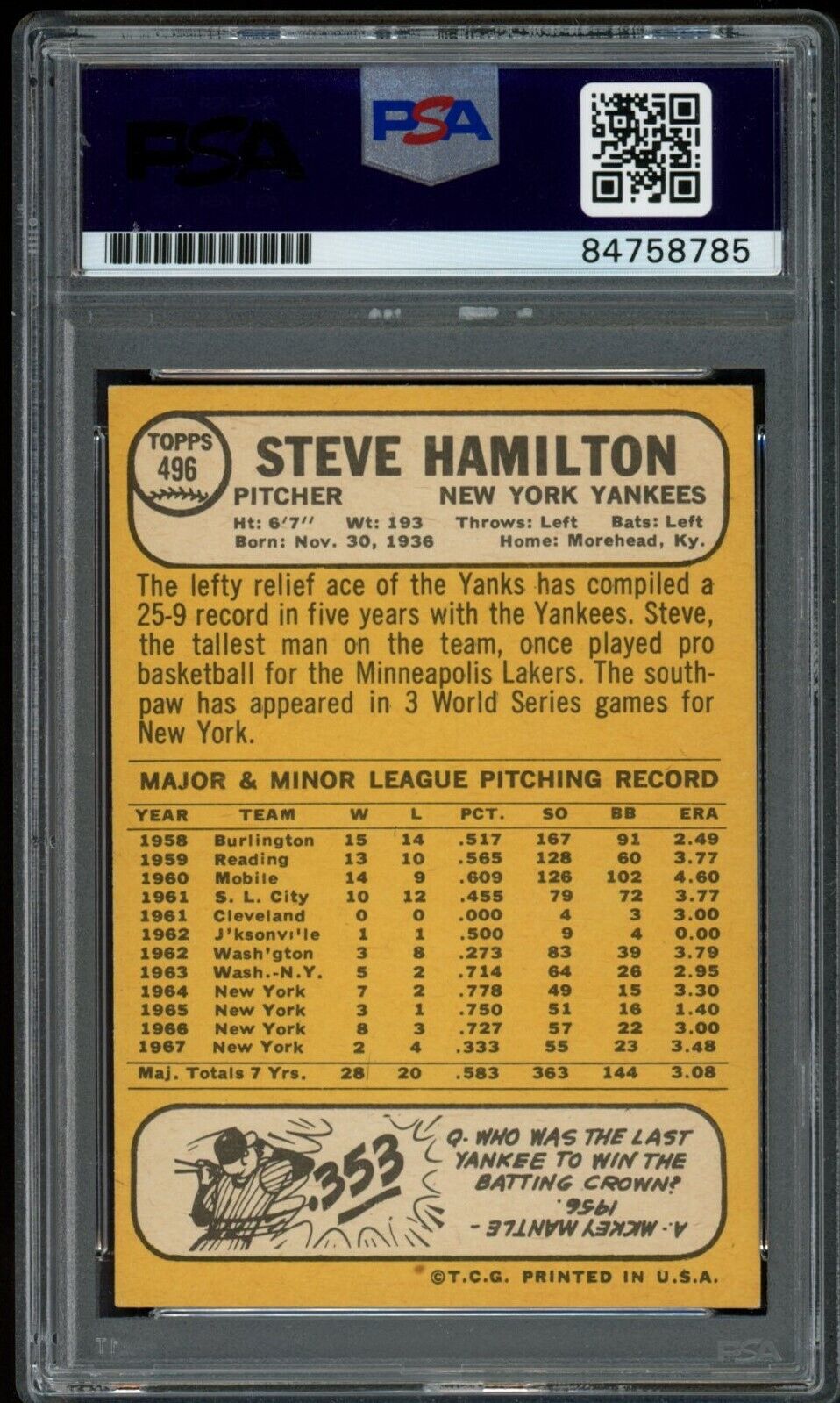 1968 TOPPS Steve Hamilton #496 Authentic Card Signed New York Yankees PSA/DNA