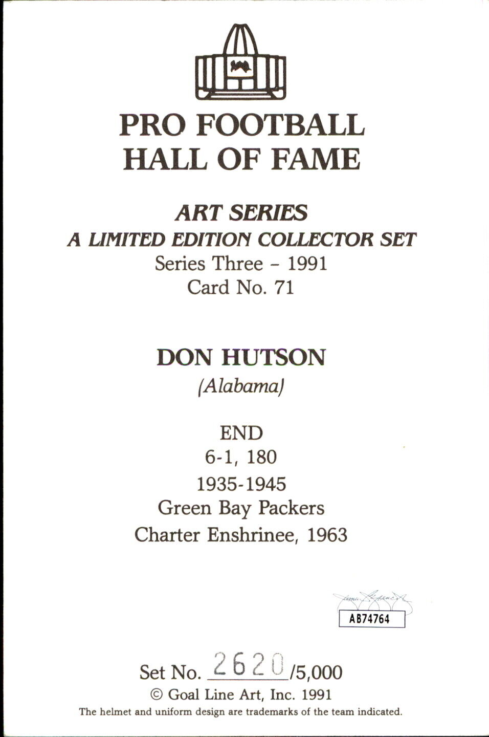 Don Hutson HOF Autographed Goal Line Art GLAC Postcard Packers JSA