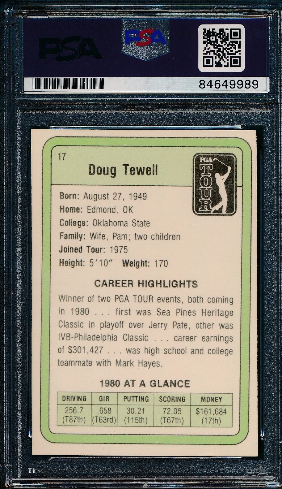 1981 DONRUSS PGA Doug Tewell #17 Authentic Card Signed PSA/DNA 176008