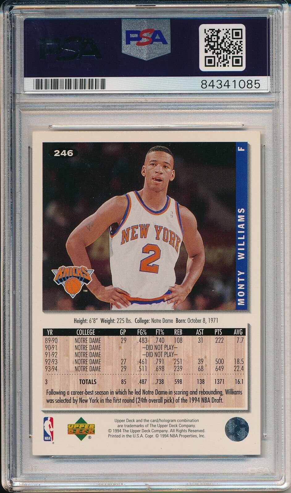 Monty Williams Knicks Signed/Auto 1994 Upper Deck Card #246 PSA/DNA 163608