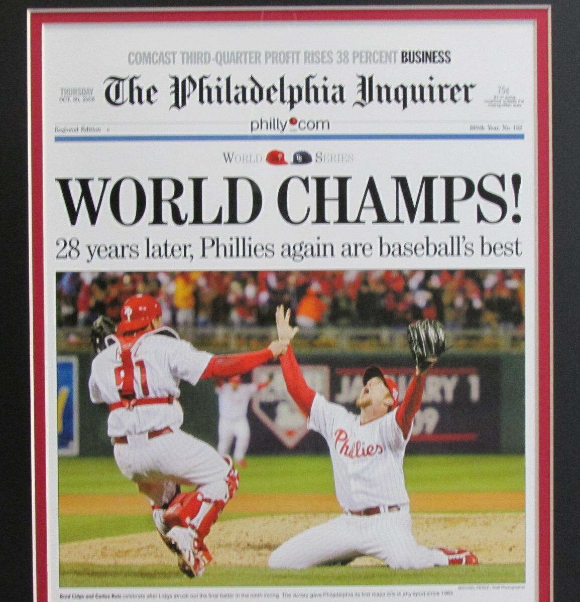 2008 Philadelphia Inquirer "World Champs" Phillies Print Framed Newspaper 136621