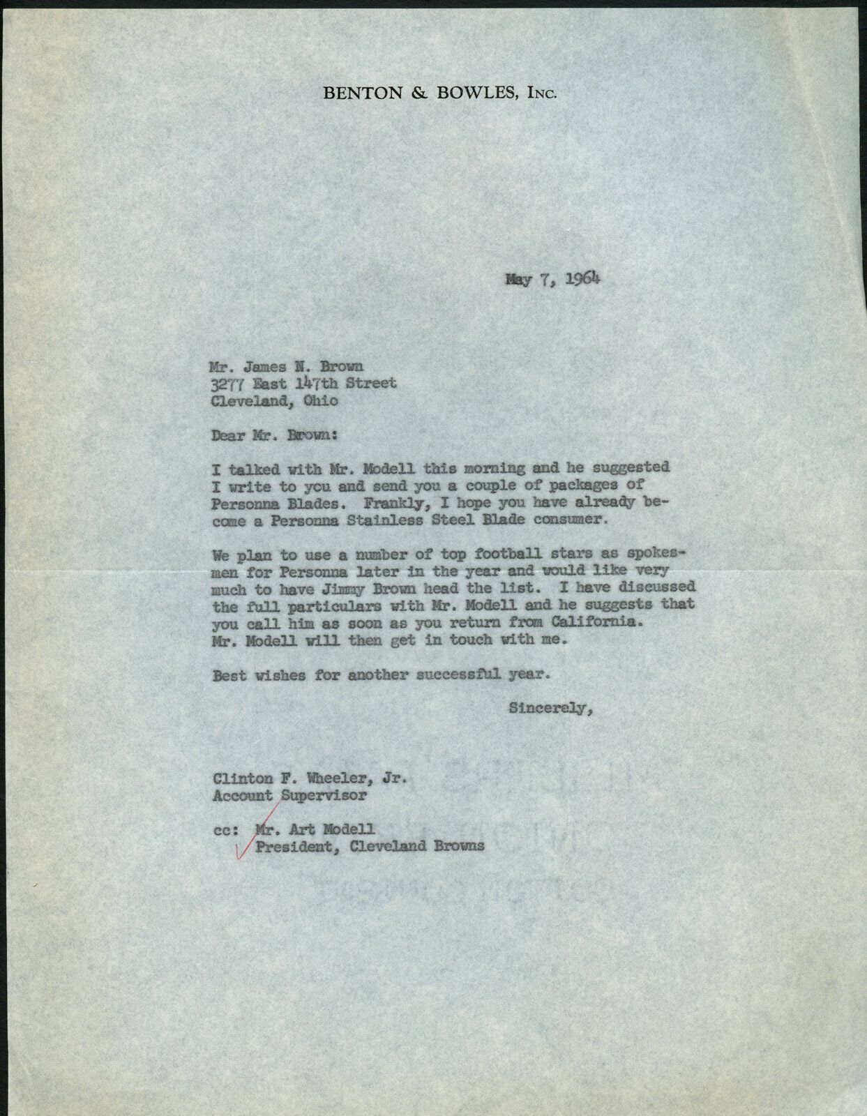 May 7, 1964 letter to Jim Brown CC: Art Modell from Personna  Blade Ad 144999