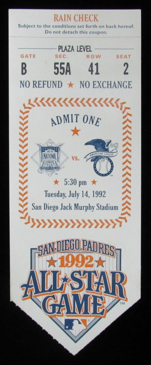 July 14, 1992 MLB All Star Game Ticket Stub Jack Murphy Stadium San Diego 190132