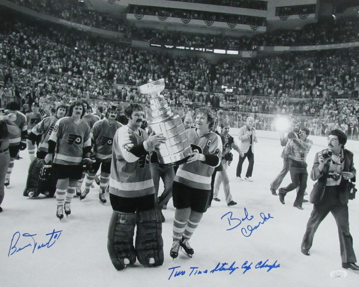 Bobby Clarke/Bernie Parent HOF Autographed/Inscribed 16x20 Photo Flyers JSA