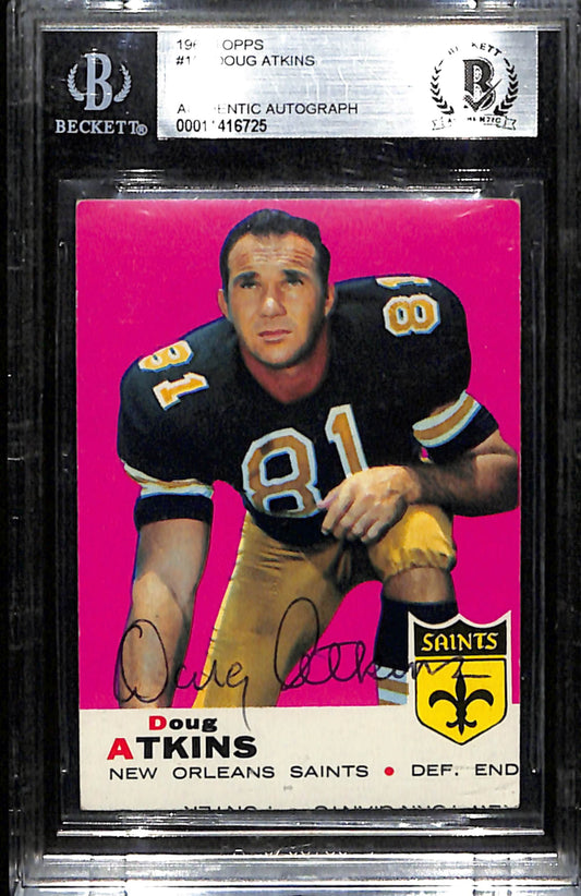 Doug Atkins HOF Signed 1969 Topps Card #105 New Orleans Saints Beckett 184913