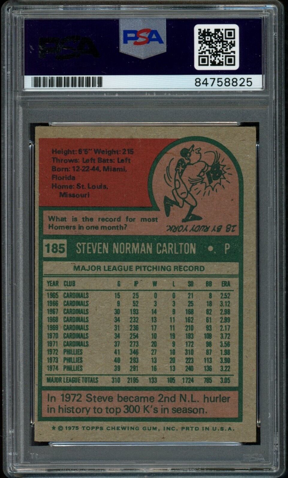 1975 TOPPS Steve Carlton HOF #185 Authentic Card Signed Phillies PSA/DNA