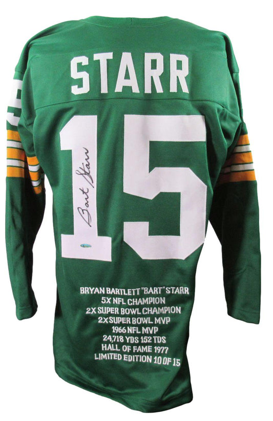 Bart Starr HOF Autographed Football Jersey with Stats Packers Tri-Star 181758