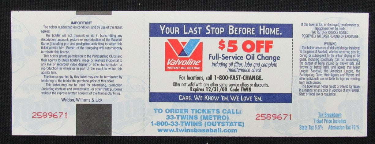 April 15, 2000 Full Ticket Cal Ripken 3000th Hit Orioles vs. Twins 184948