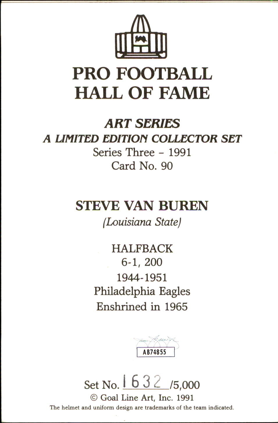 Steve Van Buren HOF Autographed Goal Line Art GLAC Postcard Eagles JSA