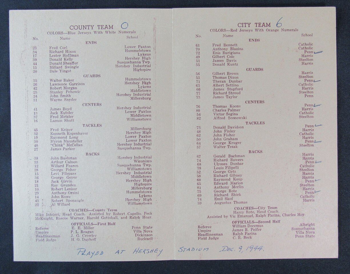 1944 All Star City Stars v County Stars Hershey High School FB Game Program