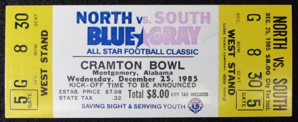 1985 Blue & Gray Cramptom Bowl North vs. South Championship Ticket Stub Pinkett