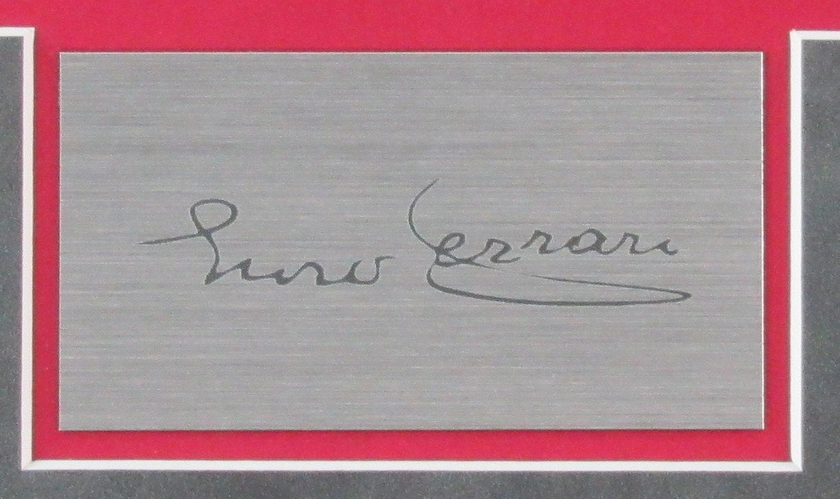 Enzo Ferrari Collage w/Laser Engraved Autograph and License Plate Framed 187380