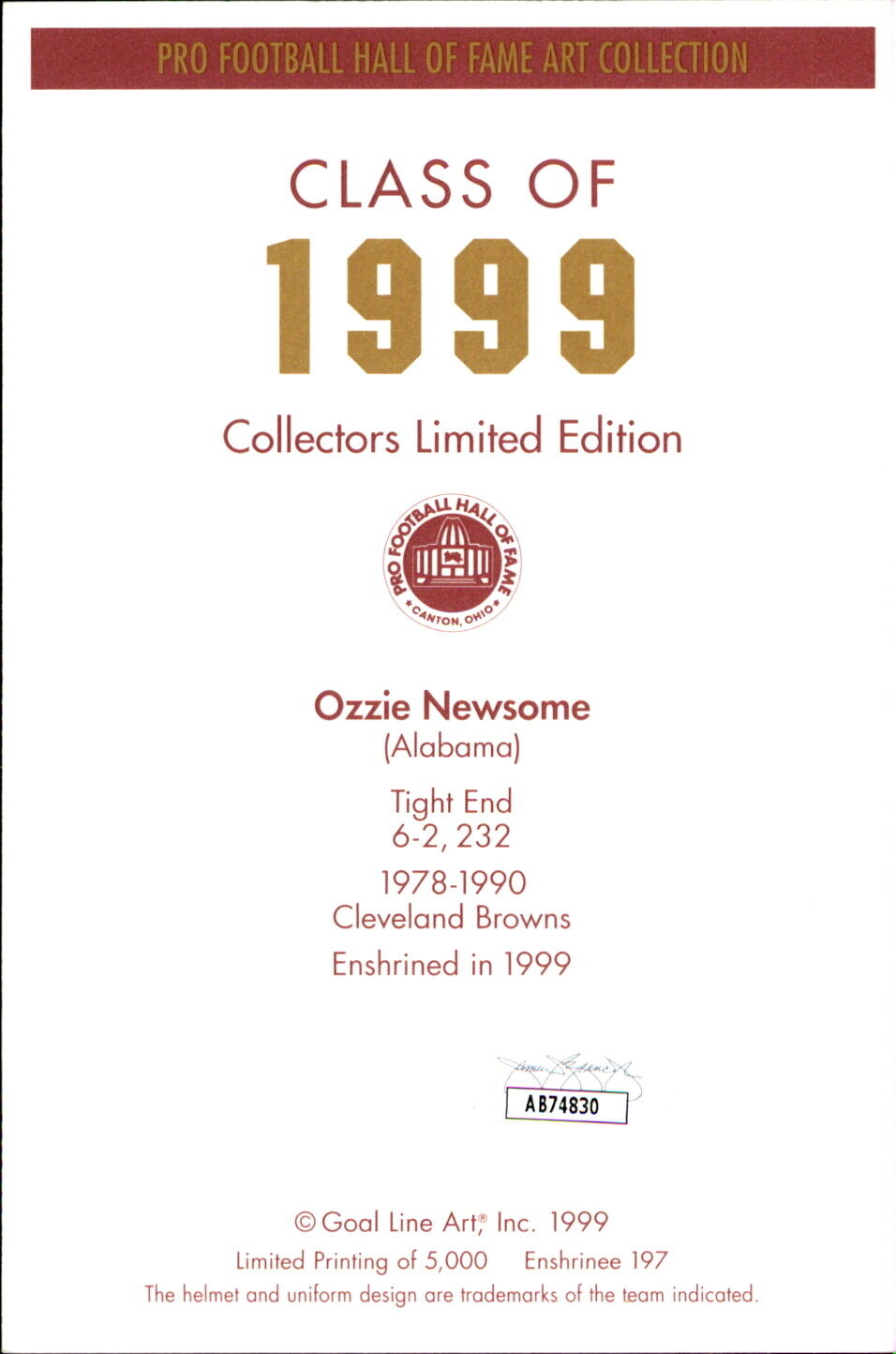 Ozzie Newsome HOF Autographed/Inscribed Goal Line Art GLAC Postcard Browns JSA