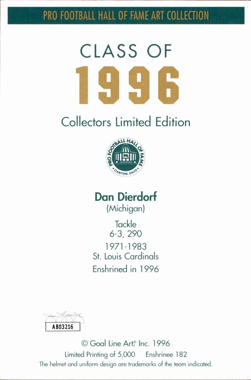 Dan Dierdorf HOF Cardinals Signed/Inscr Goal Line Art GLAC Postcard JSA 167104