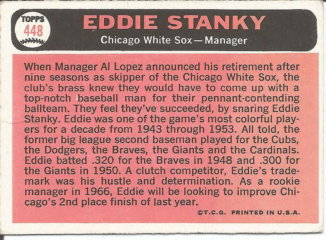 Eddie Stanky Chicago White Sox Signed/Autographed 1966 Topps Card #448 151024