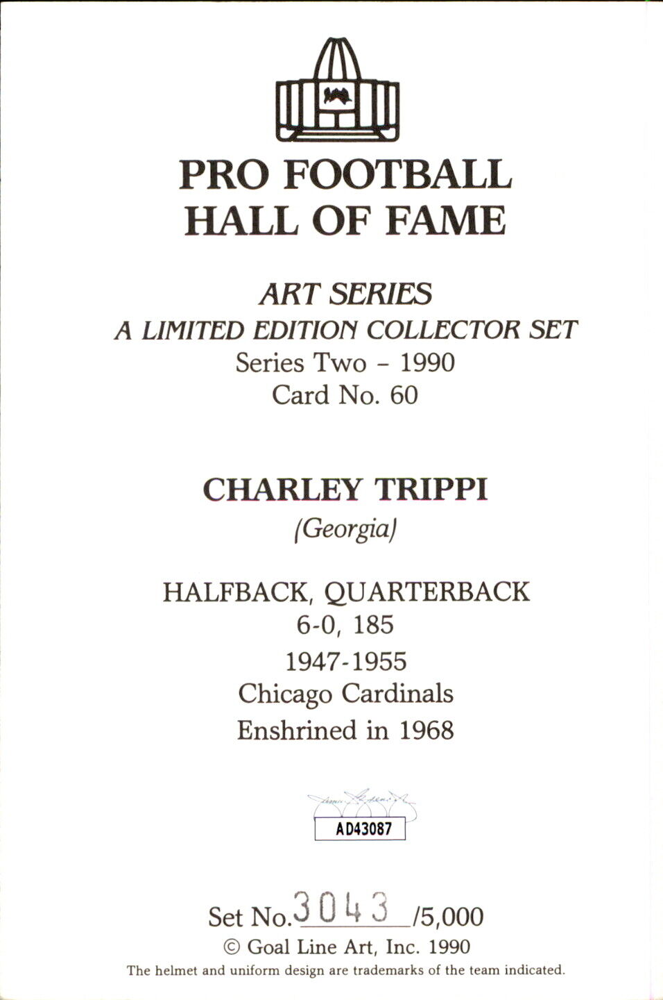 Charley Trippi HOF Autographed Goal Line Art GLAC Postcard Chicago Cardinals JSA