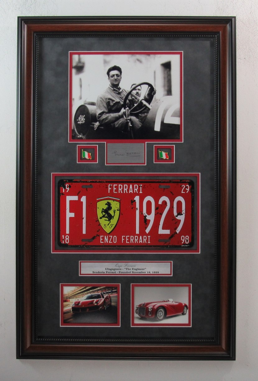 Enzo Ferrari Collage w/Laser Engraved Autograph and License Plate Framed 187380