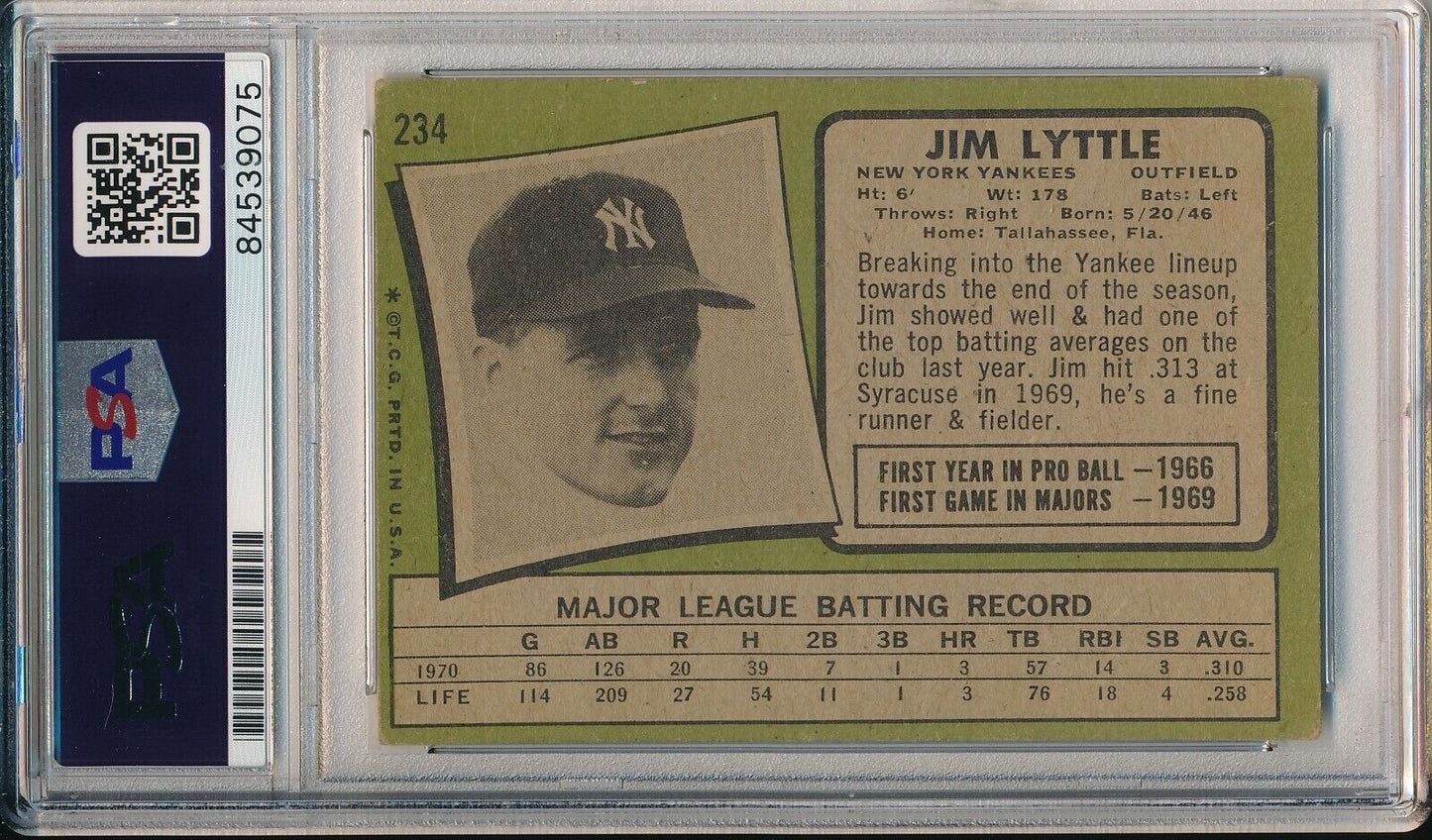 Jim Lyttle Yankees Signed/Autographed 1971 TOPPS Card #234 PSA/DNA 166830