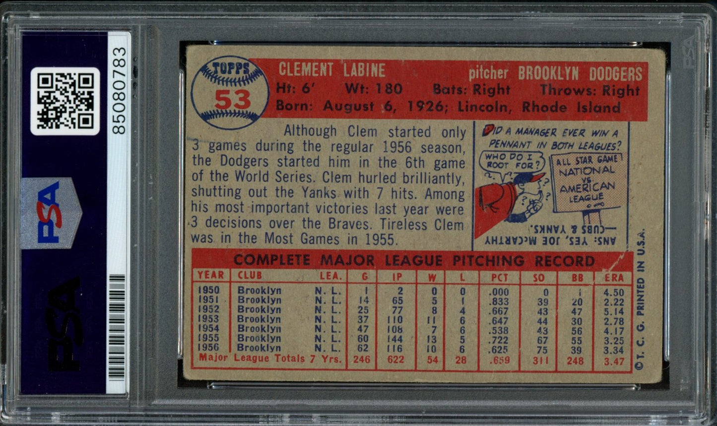 Clem Labine Signed 1957 Topps Card #53 Brooklyn Dodgers PSA/DNA 184179