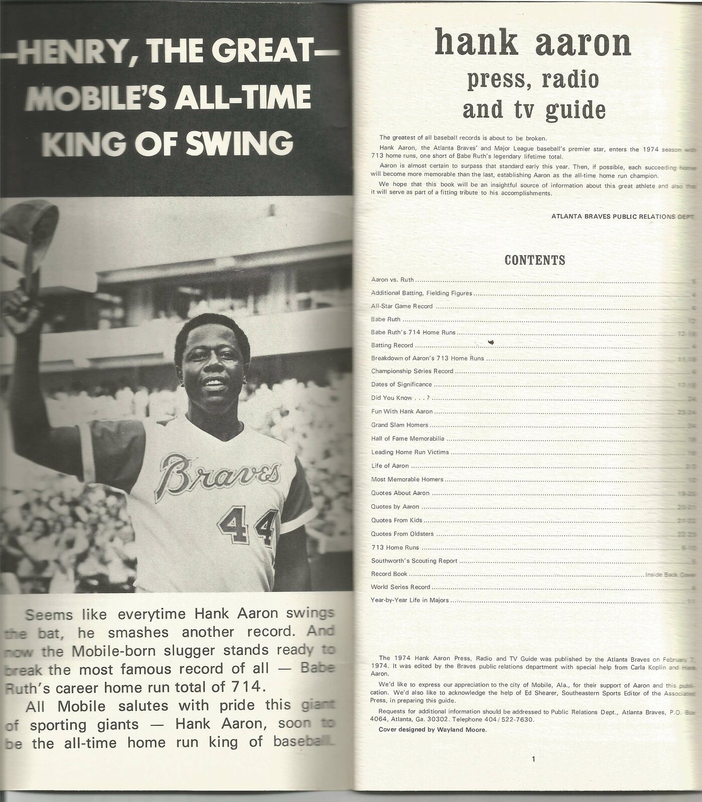 Hank Aaron Atlanta Braves Media Guide 150338