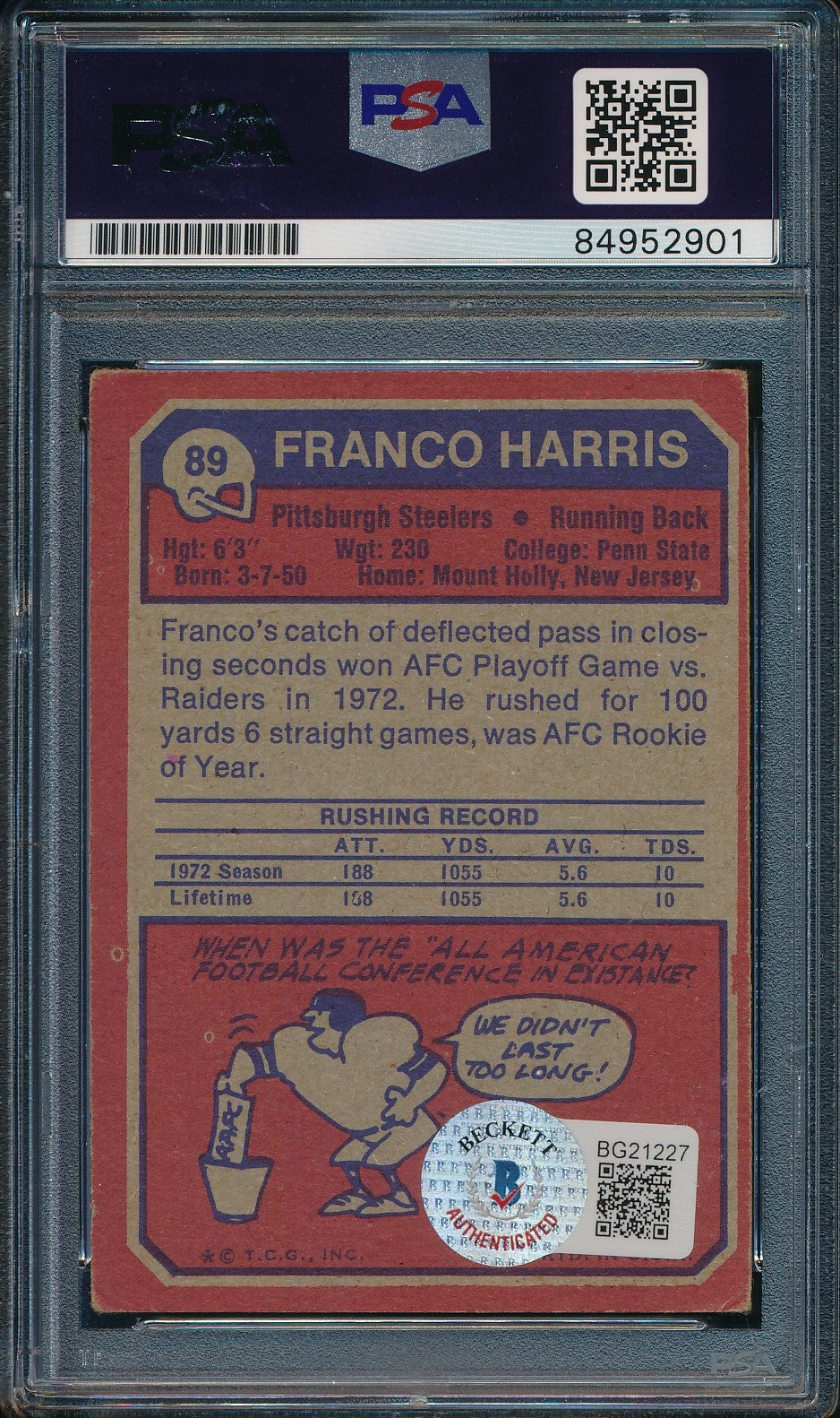 Franco Harris HOF Signed 1973 Topps Rookie Card #89 Steelers 2 PSA/DNA GEM MT 10