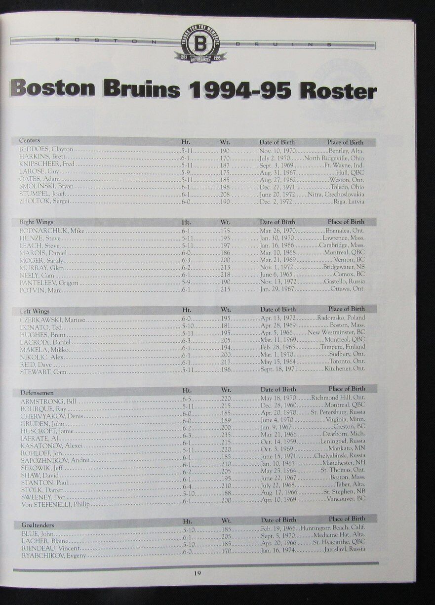 1994/1995 Boston Bruins Ice Hockey Game Program 176423