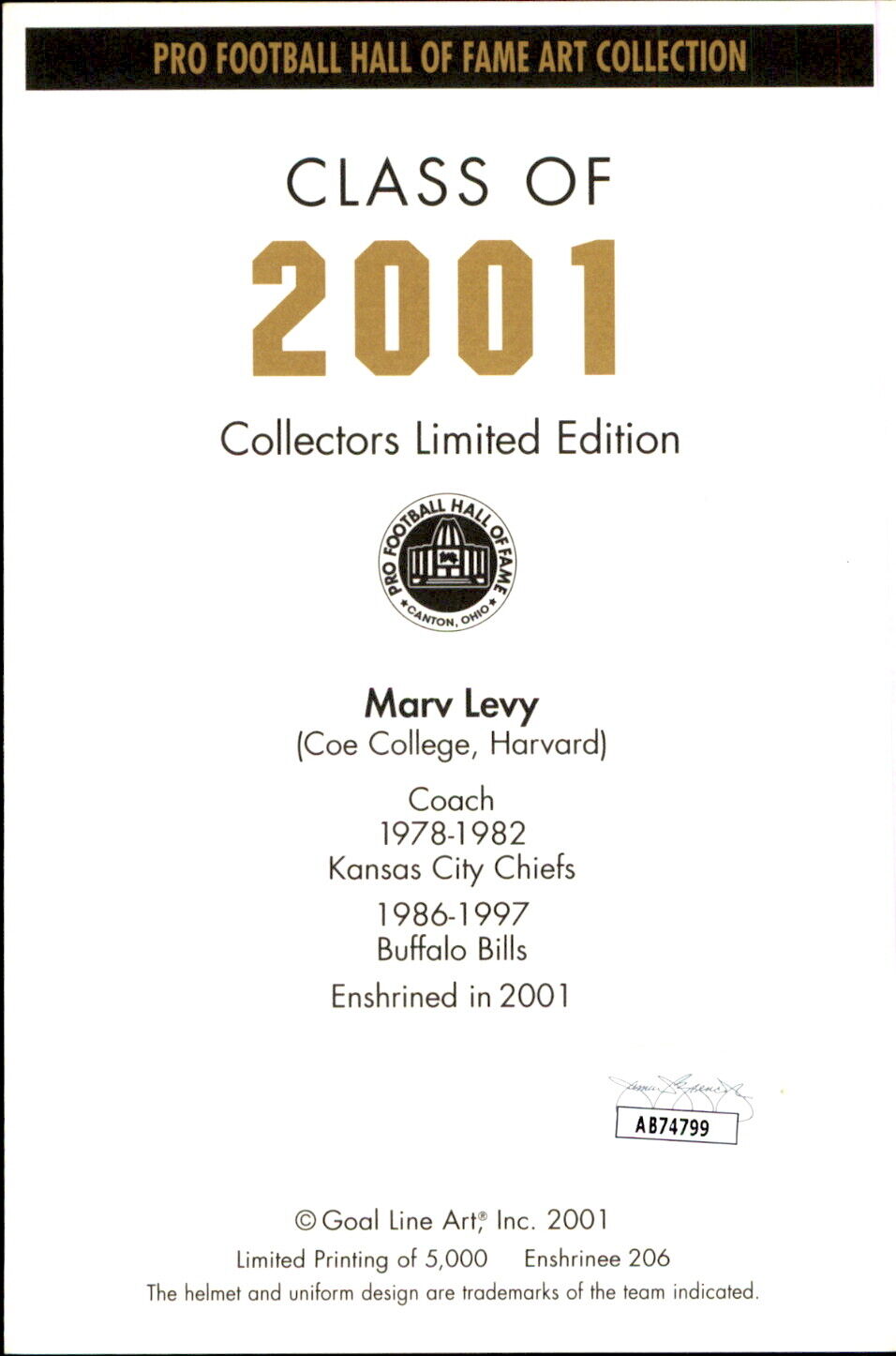 Marv Levy HOF Autographed/Inscribed Goal Line Art GLAC Postcard Bills JSA